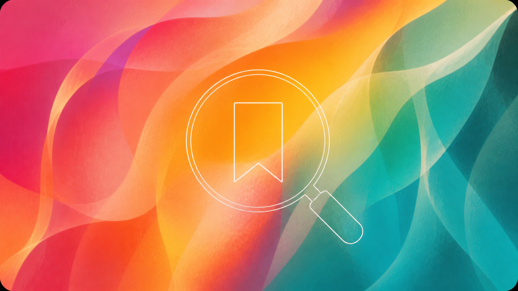 A white magnifying glass and bookmark over flowing coral, yellow, and turquoise color