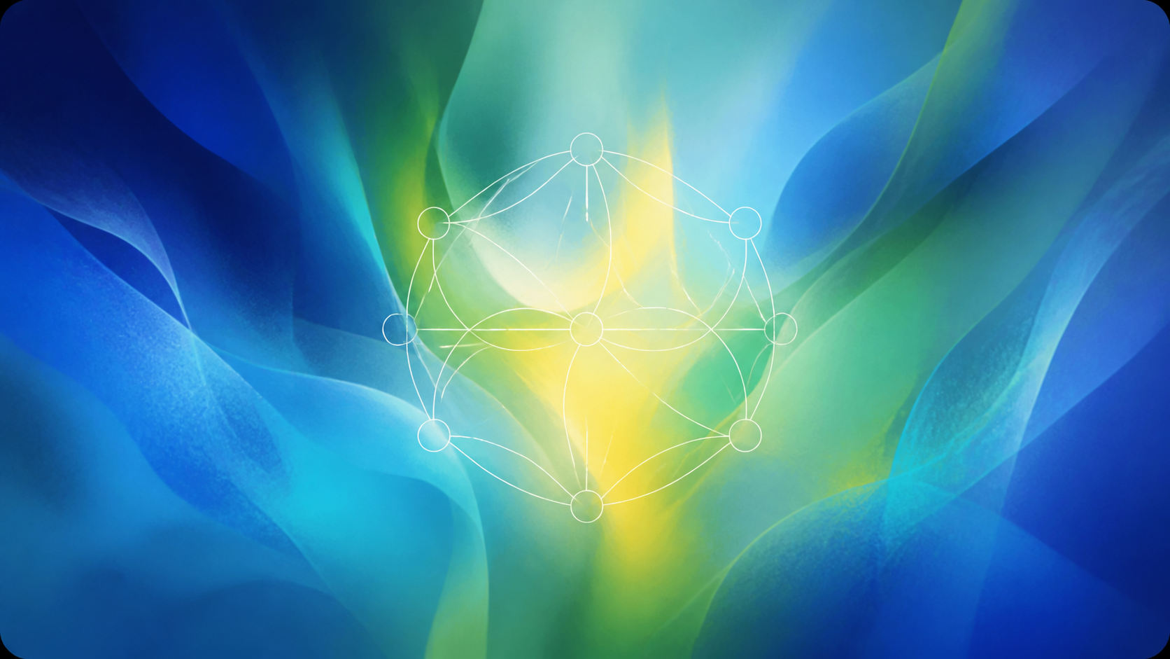 A white knowledge network over flowing blue, green, and yellow abstract color