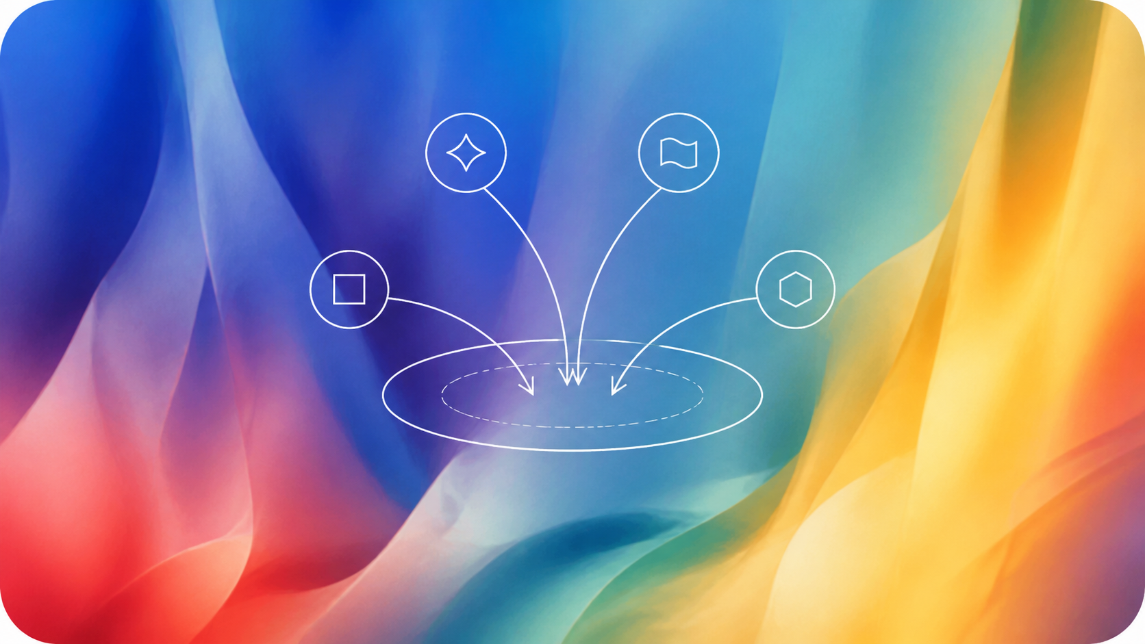 Knowledge fragments converging into a central workspace over flowing blue, coral, and yellow color